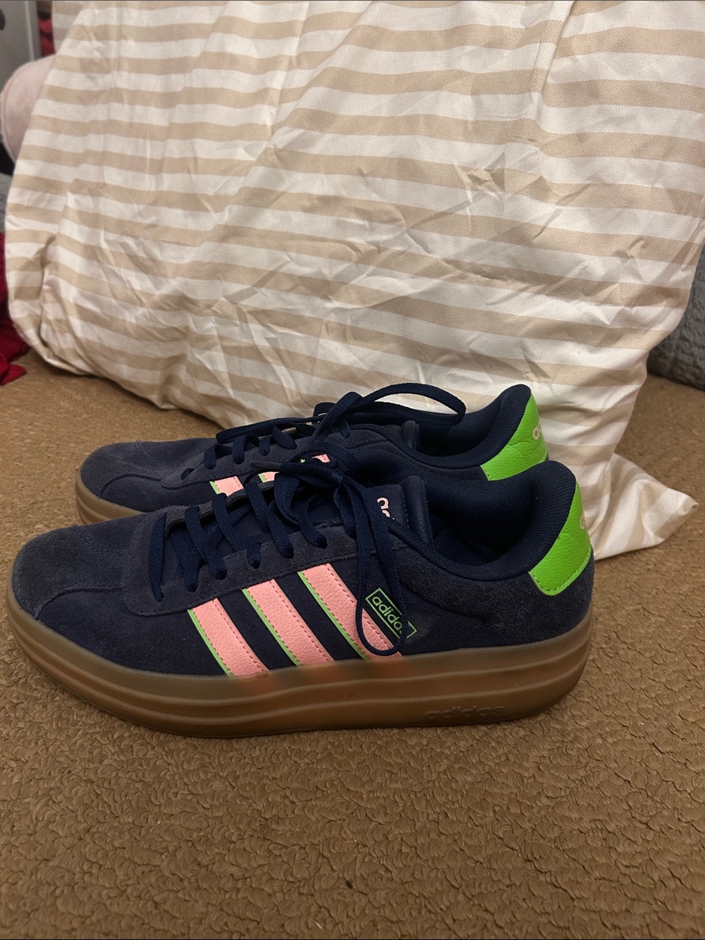 adidas Navy Suede Sneakers with Pink Stripes and Green Heel Tab